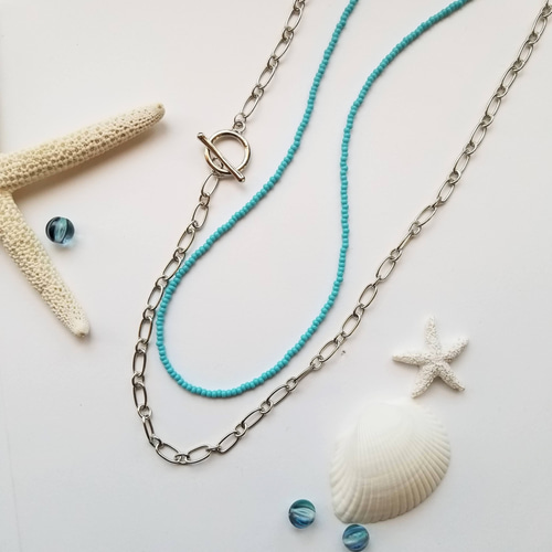 重ね付け3本セット｜ターコイズブルー＆コイン＆リングネックレス