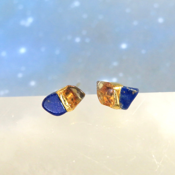 夜空のひかり＊Lapis lazuli×Citrine＊金継ぎピアス／S S size 4枚目の画像