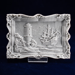 【大理石精巧彫刻】絵画ジュエリートレイ【帆船と灯台】 5枚目の画像
