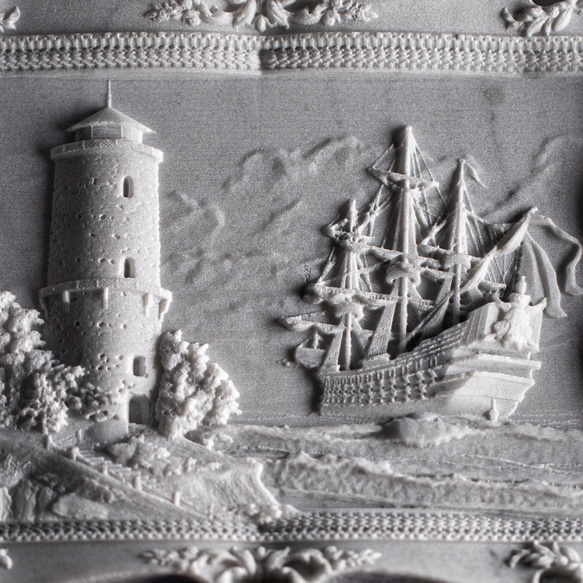 【大理石精巧彫刻】絵画ジュエリートレイ【帆船と灯台】 2枚目の画像