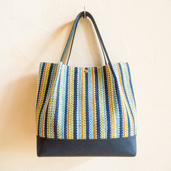 夏季多色手工編織面料製成的蓬鬆手提包（藍色） 第2張的照片