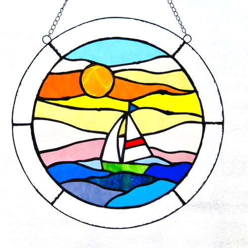 ステンドグラス サンキャッチャー＊夕日と海とヨット＊ サン