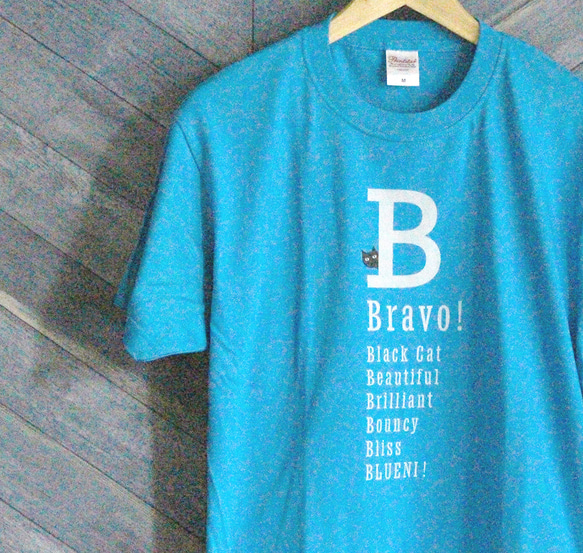 【5色展開】『B』ワード＋neco（ネコ）オリジナルTシャツ／ターコイズ 3枚目の画像