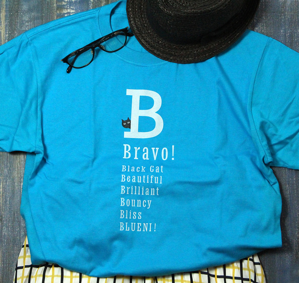 【5色展開】『B』ワード＋neco（ネコ）オリジナルTシャツ／ターコイズ 2枚目の画像