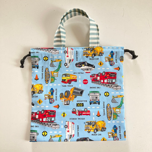 100cm 子供用エプロン(働く車柄3)三角巾、巾着袋3点セット 男の子 雑貨