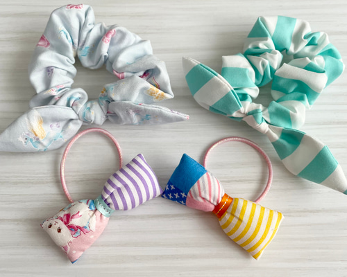 うさみみリボンヘアゴム3こセット花柄パステルカラーピンクパープル