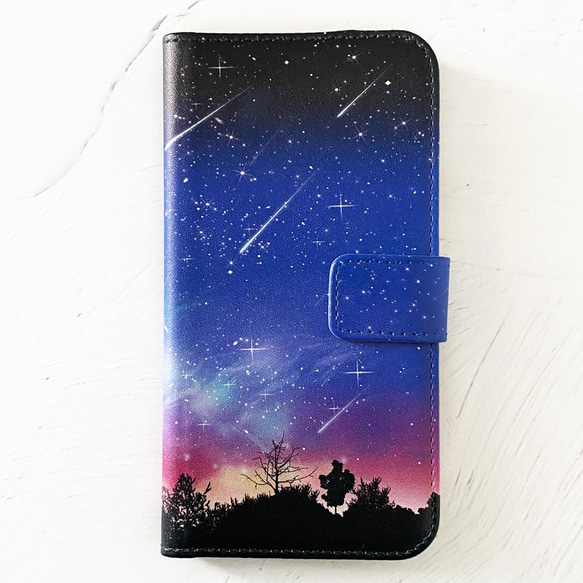 夜空に降り注ぐ流星柄 手帳型 iPhoneケース スマホケース 全機種対応 6枚目の画像