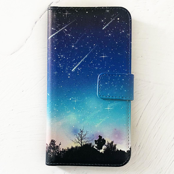 夜空に降り注ぐ流星柄 手帳型 iPhoneケース スマホケース 全機種対応 4枚目の画像