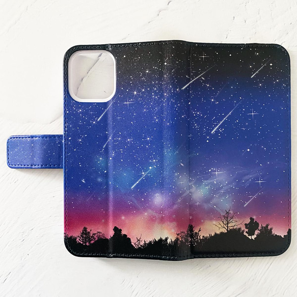 夜空に降り注ぐ流星柄 手帳型 iPhoneケース スマホケース 全機種対応 7枚目の画像