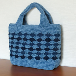 藍染め手編みミニトートバッグ 　松編み　全柄 1枚目の画像