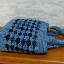 藍染め手編みミニトートバッグ 　松編み　全柄 2枚目の画像