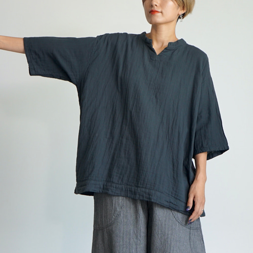 ふるさと納税 キーネックガーゼロンT/カーキ/知多木綿3重ガーゼ