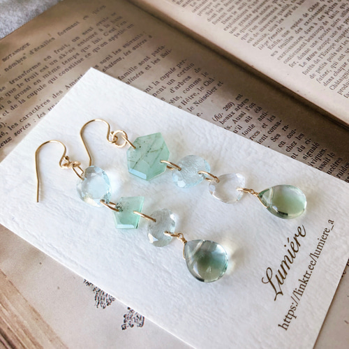 14kgf＊エメラルド&アクアマリン&フローライトの4連ピアス