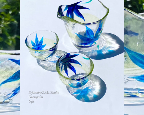 Creema限定【夏】青紅葉耐熱ガラス日本酒 徳利＆ペアお猪口セット