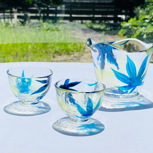 Creema限定【夏】青紅葉耐熱ガラス日本酒 徳利＆ペアお猪口セット