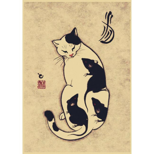 猫の絵 A3 入れ墨 猫 tatoo cat 絵 クラフト紙 猫画 猫グッズ 彫