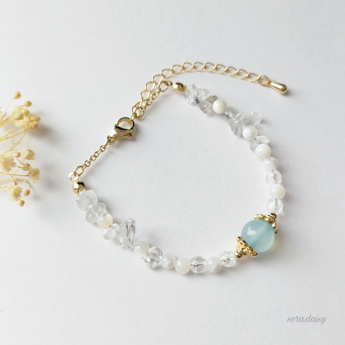 シーブルーカルセドニー・クラック水晶・マザーオブパールの華奢な