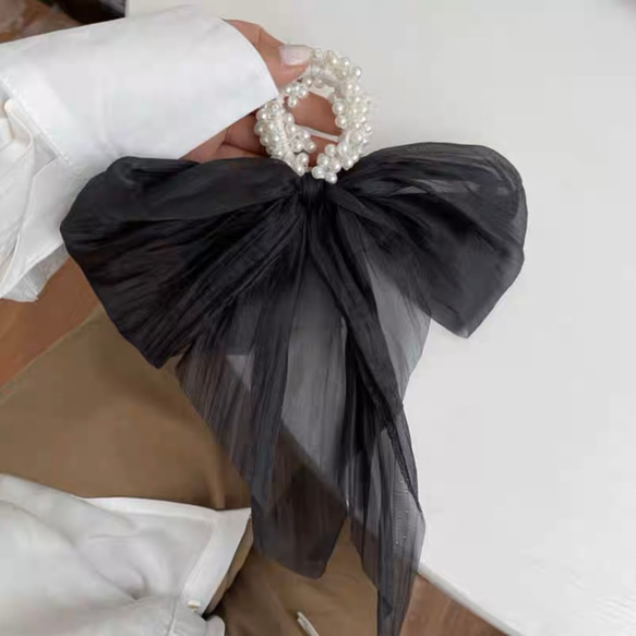 【在庫処分 限定セール￥399】韓国ファッション　ふわくしゅリボンヘアゴム　ブラック　ヘアアクセサリー　-2902 1枚目の画像