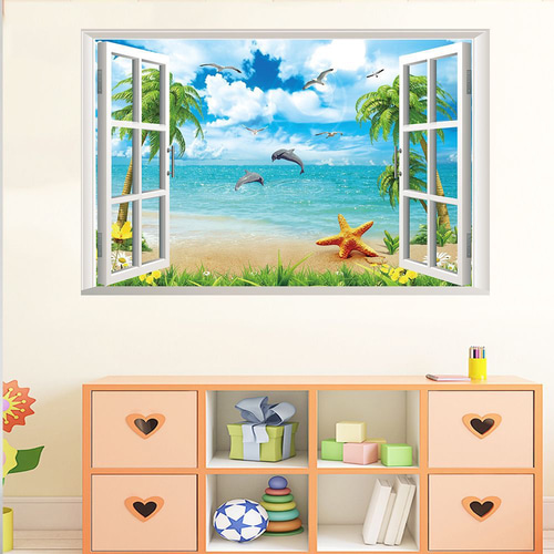 ウォールステッカー SH58 3D窓 海 イルカ ヤシ癒す DIY 壁紙