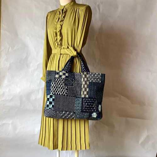 古布 かすりつなぎに刺し子の大きめバック トートバッグ ひだまり 通販