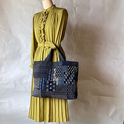 古布 かすりつなぎに刺し子の大きめバック トートバッグ ひだまり 通販  