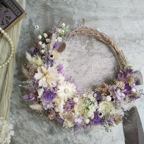 mist purple＞＊フラワーリース＊ハーフリース＊三日月リース