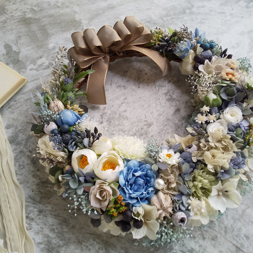 ◇初夏のリース◇ハーフリース◇プレゼント Bleu romantique＞＊紫陽花＊ハーフムーンリース＊三日月リース