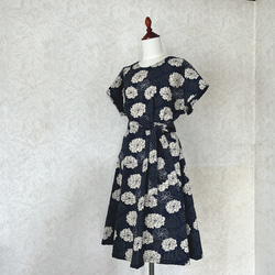 和柄 ドレス フーディ ワンピース ネイビー×大輪花々 ハンドメイド