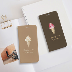 iCecream 手帳型ケース　スマホケース　iPhoneケース　アイスクリーム　いちご　ココア 1枚目の画像