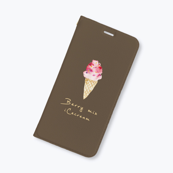iCecream 手帳型ケース　スマホケース　iPhoneケース　アイスクリーム　いちご　ココア 2枚目の画像