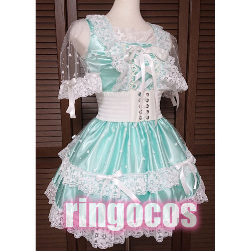アイドル衣装 エメラルドグリーン×白 ワンピース 編み上げリボン