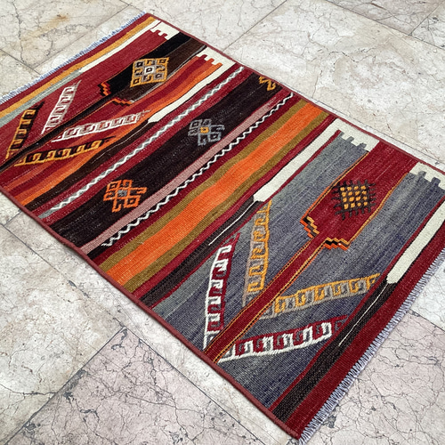 オールドキリム トルコ 手織り ヴィンテージ ラグ 86x55cm カーペット 