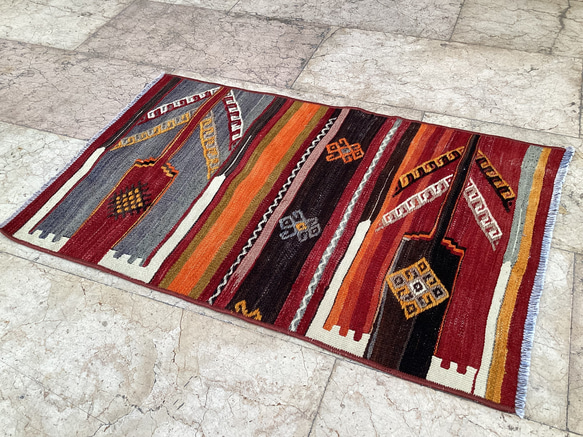 オールドキリム トルコ 手織り ヴィンテージ ラグ 86x55cm 2枚目の画像