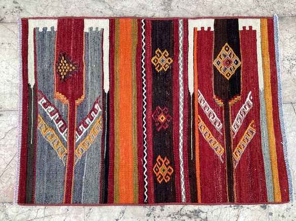 オールドキリム トルコ 手織り ヴィンテージ ラグ 85x63cm 3枚目の画像