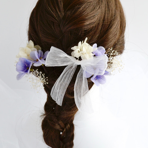 紫 パープル ヘアアクセサリー ヘッドドレス 和装 髪飾り 髪飾り_パープル ホワイト】リボン 編み下ろし ヘッドドレス