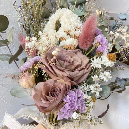 くすみピンクバラ アンティーク ドライフラワースワッグ ブーケ33cm