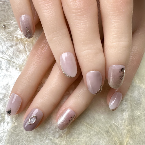 No.75上品ピンクグレージュネイル /ミラーネイル/ドロップアートネイル