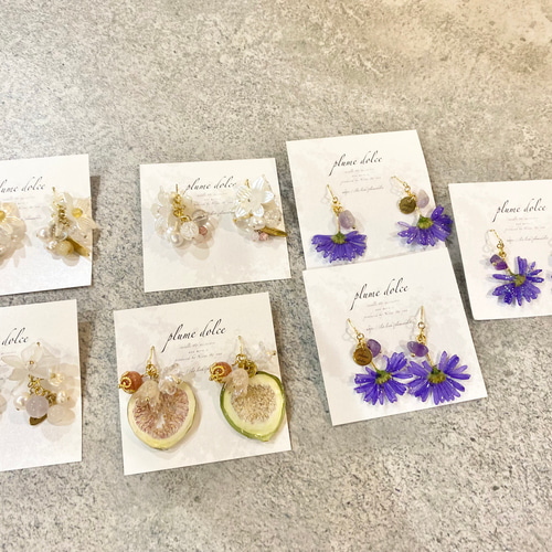 本物の紫苑の押し花とアメジストのピアス ピアス（フック・チェーン