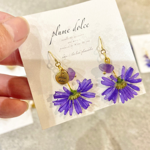 本物の紫苑の押し花とアメジストのピアス ピアス（フック・チェーン