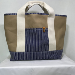 手提げ　トートバッグ　ハンドメイド　ヒッコリー　(993) ファスナー付きトートバッグ (ベージュ✖︎ヒッコリー) トートバッグ