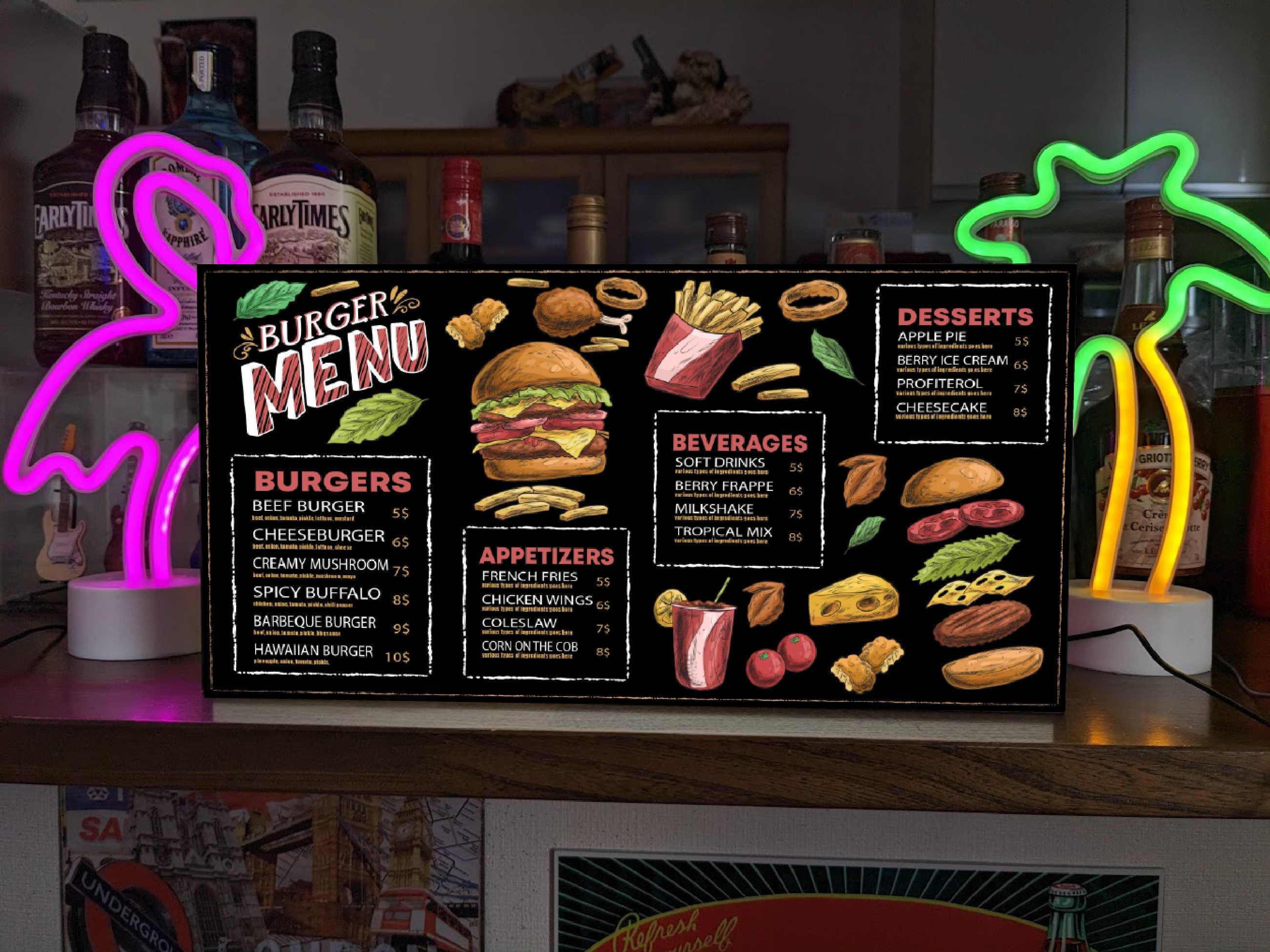 【Lサイズ】ハンバーガー ファーストフード メニュー カフェ ダイナー キッチンカー 看板 置物 雑貨 ライトBOX