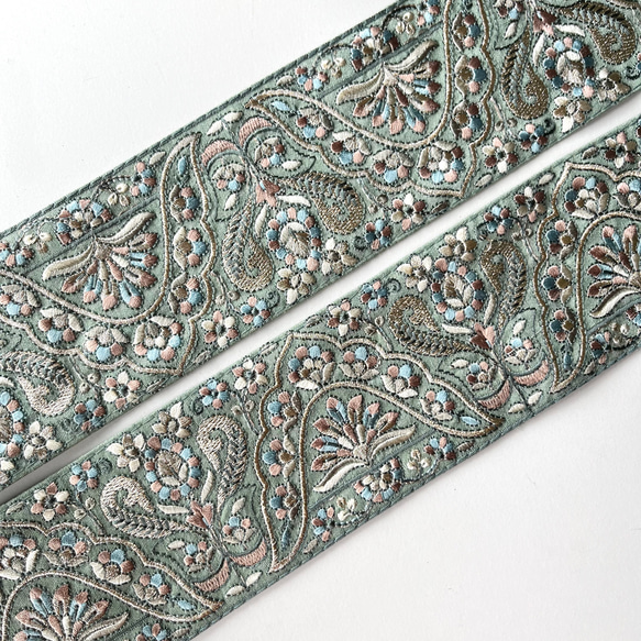 【50cm】インド刺繍リボン　グリーン　シルク　GS820 5枚目の画像