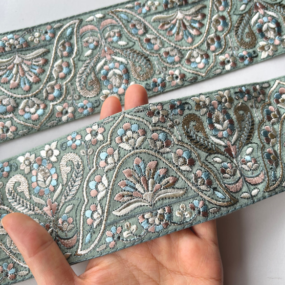 【50cm】インド刺繍リボン　グリーン　シルク　GS820 1枚目の画像