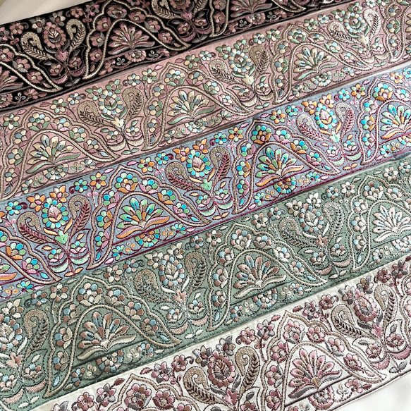【50cm】インド刺繍リボン　グリーン　シルク　GS820 6枚目の画像
