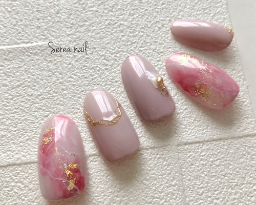 9月限定価格　ファイヤーピンク天国♡ネイルチップ 天然石風ネイルチップ【くすみピンク】 ネイルチップ（つけ爪