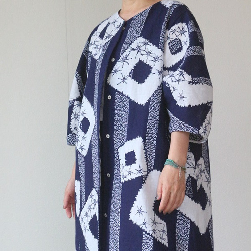 着物リメイク 縞に四角模様浴衣ランタンスリーブワンピース ワンピース