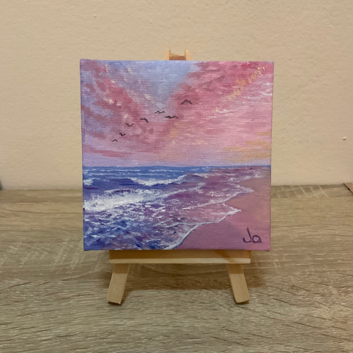 手描きの油絵作品】ピンクに染まった空と海 絵画 JO's art gallery