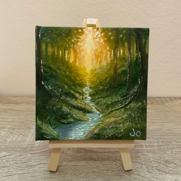 【本物新品保証】 手描きの油絵作品】光差し込む森の中を静かに流れる小川 絵画 アート/エンタメ/ホビー