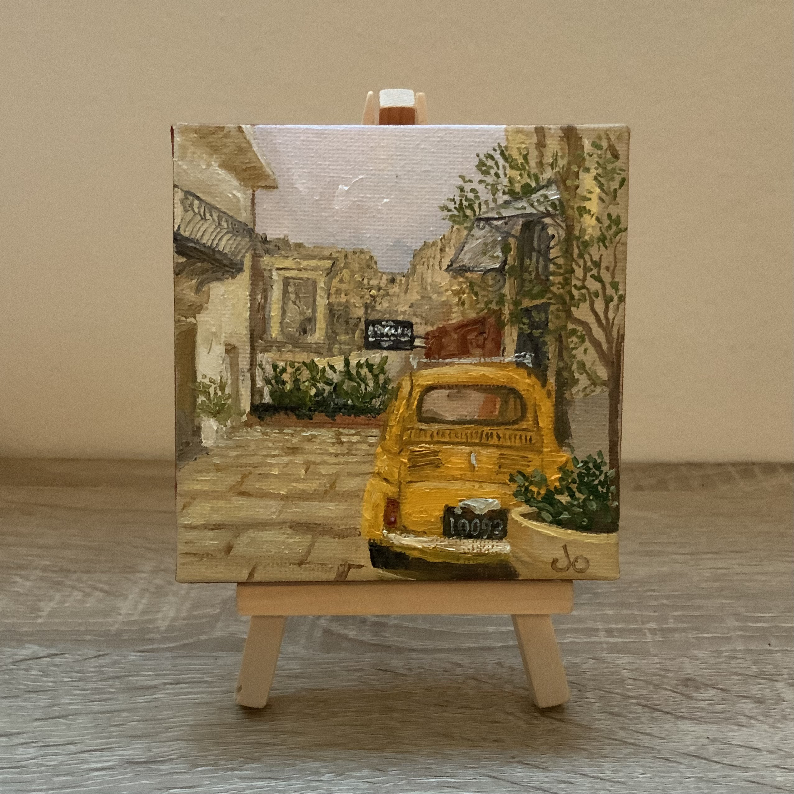 宅配便配送 手描きの油絵作品】イタリアの小道とfiat500 絵画 JO's art 絵画
