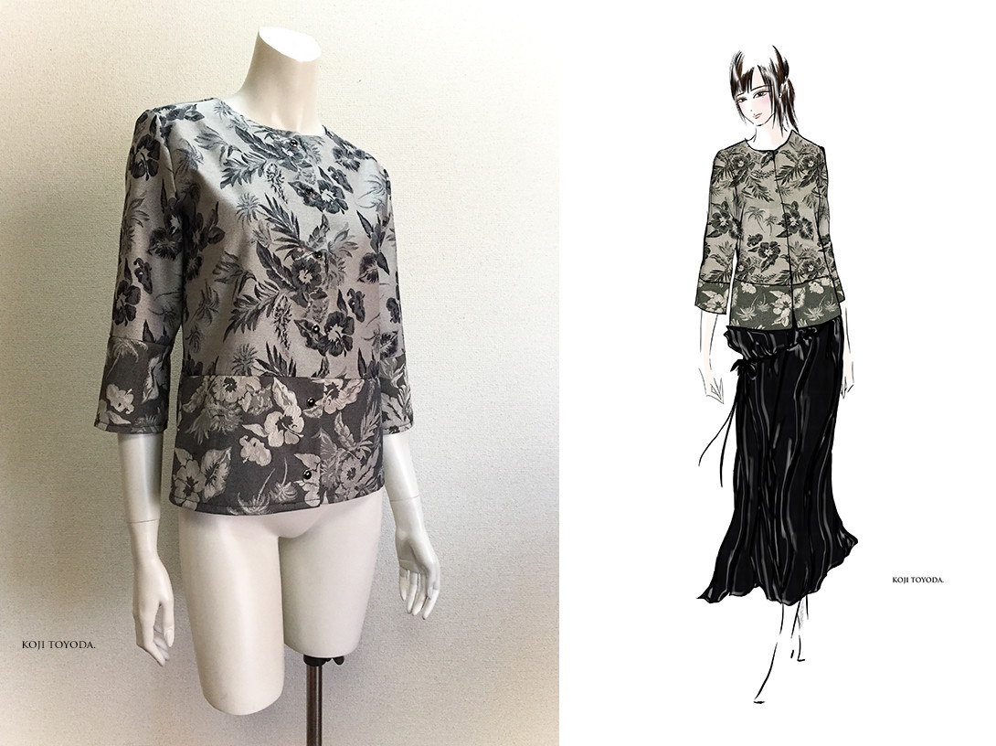 【1点もの・デザイン画付き】綿ジャガード生地ノーカラー切り替えブラウス（KOJI TOYODA）